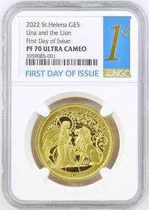 2022年 セントヘレナ ウナとライオン 5ポンド 1オンス プルーフ 金貨 NGC PF70 ULTRA CAMEO First Day of Issue