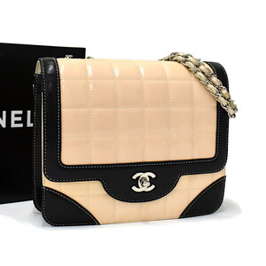 1円 ◎美品 CHANEL シャネル チェーンショルダーバッグ チョコバー ココマーク エナメル バイカラー ベージュ ブラック◎E.Dspi.hP-30