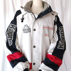 K/M(M～L)サイズ/ kappa カッパ ベンチコート ホワイト×ネイビー×レッド系 90s 刺繍 ビッグロゴ スポーツブランド