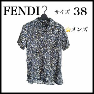 【FENDI】半袖シャツ　38　メンズ　 ネイビーブルー　総柄　フェンディ