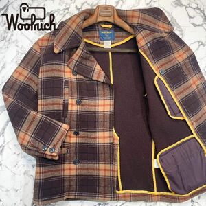 希少色/パイピング ●WOOLRICH ウールリッチ メルトンウール ピーコート ジャケット タータンチェック キャメル ブラウン 茶 黄色 M メンズ