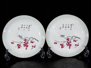 【瓏】陶磁器 臙脂紅花卉紋盤一対 大清雍正年製 染付 置物擺件 古賞物 中国古美術 蔵出