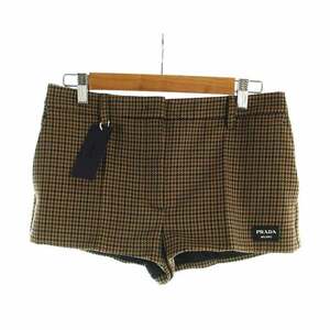 未使用品 プラダ PRADA タグ付き Houndstooth Check Shorts Tobacco ファイユ ショートパンツ ハウンドトゥース 千鳥柄 金ボタン 36 XS 茶