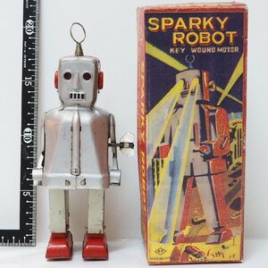 KO【SPARKY ROBOT スパーキーロボット ゼンマイ歩行 ペイント無し】当時物 ブリキ製ロボット TIN TOY 昭和レトロ■吉屋【箱はコピー】0544