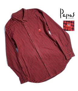 最高級【定価3万】Papas パパス 長袖シャツ M【ロゴ刺繍ワッペン】チェック コットン 日本製 赤×黒 メンズ 雰囲気抜群の一枚 送料520円