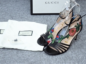 【GUCCI｜グッチ】ローズ フラワー刺繍 ストラップサンダル レザーストラップサンダル ヒールサンダル フラワー お花 341/2 即決