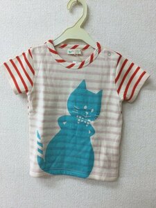 BABY CHEER タグ付き未使用！ ベージュにオレンジボーダーのカットソー ブルーの猫ちゃん サイズ100