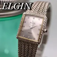 美品 ELGIN 12Pダイヤ シルバー スクエア レディース腕時計 1103