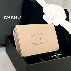 ［美品］シャネル CHANEL ココマークステッチ コンパクトウォレット 三つ折り財布 ベージュ　28706107