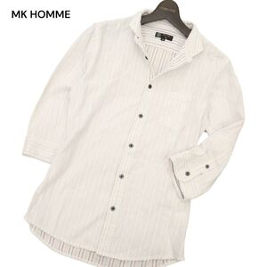 MK HOMME ミッシェルクラン オム 春夏 襟ワイヤー★ 7分袖 ストライプ シャツ Sz.48　メンズ 白　C4T07181_7#A