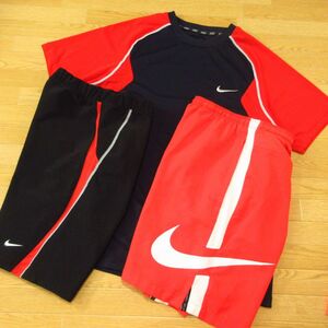 ◎使用少なめ！L 上下3点セット！NIKE ナイキ◆ジャージ / 半袖 Tシャツ&ハーフパンツ スパッツ DRI-FIT 速乾！◆メンズ 紺x赤◆B4842