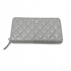 【中古】CHANEL クラシックマトラッセ キャビアスキン ラウンドファスナーウォレット ライトグレー シャネル[240024483711]