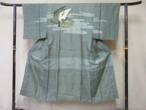 1円 良品 正絹 長襦袢 男性用 和装 和服 浮世絵 船 宝船 ヱ霞 高級 渋カッコいい 袷 身丈131cm 裄65cm【夢職】★★★