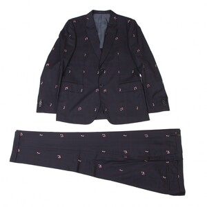 ポールスミスPaul Smith CARLO BARBERA音符柄ウールチェックセットアップスーツ 紺赤XL XXL