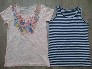 USED★ピンクの花柄Tシャツ＆ボーダータンクトップセット　Mサイズ