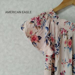 American Eagle アメリカイーグル 花柄 ブラウス トップス シャーリングネック 半袖 ショート丈 カジュアル ピンク系 サイズXXS SJ85