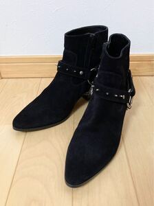 美品☆[SAINT LAURENT PARIS] チェーンスタッズ ハーネスリング スウェードレザー ヒールブーツ 35 ブラック イタリア製 レディース