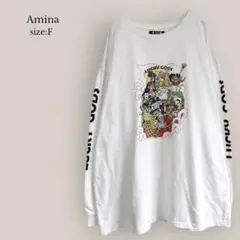 【アミナ】Amina プリントカットソー　長袖　ゆったり　ドロップショルダー　白