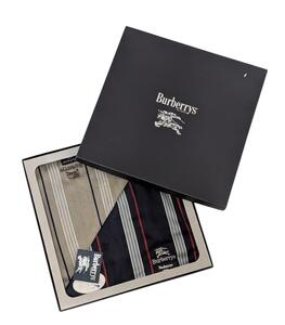 未使用 バーバリー ハンカチ 箱入り　ギフトセット　2枚セット ネイビー ストライプ メンズ 綿　BURBERRY　【中古】