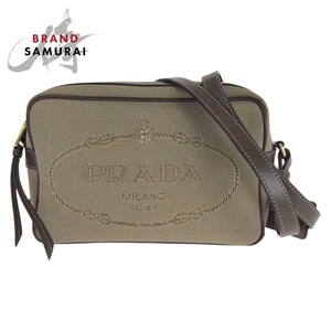 PRADA プラダ ロゴジャガード 三角ロゴプレート ベージュ ブラウン ゴールド金具 キャンバス/レザー ショルダーバッグ ポシェット 410964