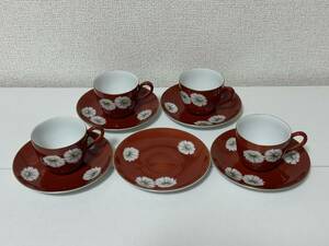 A1101-4202 Noritake ノリタケ 赤 花柄 デミグラス カップ&ソーサー 4客＋ソーサー１枚