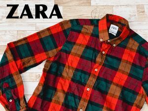 ☆送料無料☆ ZARA ザラ 古着 長袖 ボタンダウン チェック柄 シャツ メンズ S レッド トップス 中古 即決