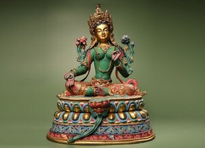 【清】某有名収集家買取品 チベット・西藏伝来・19-20世紀 金銅色絵緑度母造像 仏教文化 極細工 古置物 古擺件 唐物古董品