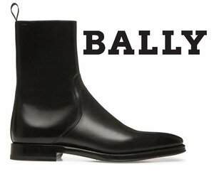 25万新品◆BALLY◆8=26cm◆カーフレザープレーントゥ 内側ファスナーシンプルショートブーツ黒 1円