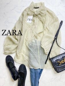 ZARA ザラ★タグ付き未使用★大人素敵★ゆったり ふんわり リボンデザイン オーガンジーシアーブラウス トップス★エクリュ Sサイズ 913