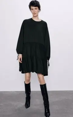 新品☆ZARA ザラ コンビ素材フリルワンピース Sグリーン