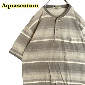 Aquascutum アクアスキュータム　半袖Tシャツ　ヘンリーネック　ボーダー　グレー系　メンズ　Lサイズ　【AY0414