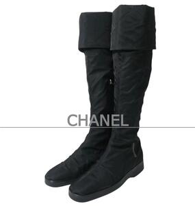 CHANEL シャネル サイズ22.5～23㎝ ココマーク ステッチ ナイロン系 スクエアトゥ ロングブーツ ジョッキーブーツ 黒 ブラック