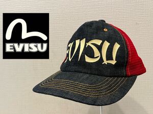 ★EVISU★エヴィス★デニム×メッシュキャップ★帽子★スナップバック★プリントロゴ★ビッグロゴ★インディゴ×レッド★赤★