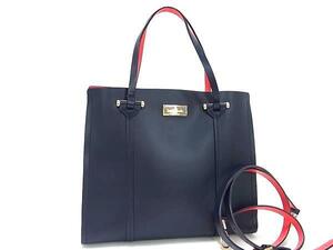 1円 ■美品■ kate spade ケイトスペード WKRU3036 レザー 2WAY ショルダー トート ハンドバッグ ネイビー系×レッド系 FF3267