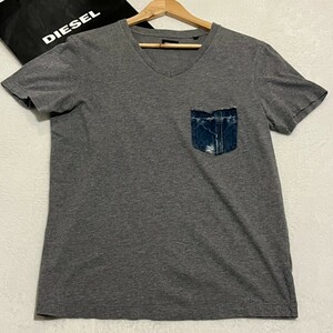 美品/Sサイズ●DIESEL ディーゼル デニムポケット付きTシャツ ネイビー 半袖Tシャツ 半袖カットソー グレー ダメージ加工 コットン100％ 