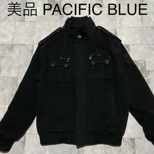 美品 PACIFIC BLUE フリースジャケット ミリタリーデザイン ビッグ刺繍ロゴ ブラック USA企画 サイズM 玉FS1211