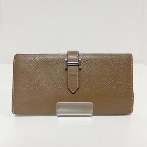 HERMES エルメス ベアンスフレ 二つ折り長財布 レザー エトゥープ シルバー金具 E刻印 中古