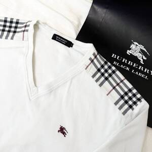 美品 名作 BURBERRY BLACK LABEL バーバリーブラックレーベル 長袖VネックTシャツ ロンT 肩ノバチェック ホース刺繍 白 3(L) #2960