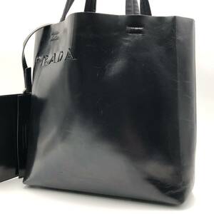 1円【希少/極美品】PRADA プラダ ロゴ型抜き メンズ トートバッグ 肩掛け A4 大容量 書類かばん ハンド ビジネス レザー 本革 ブラック 黒