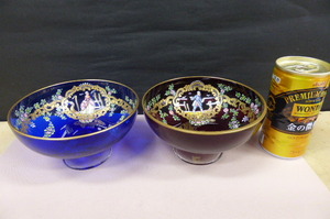 ボヘミアガラス　ボヘミア 金彩 ボウル 皿　2点セット アンティーク Bohemia glass gold art 検 ベネチアンガラス　ヴェネチアン ムラノ