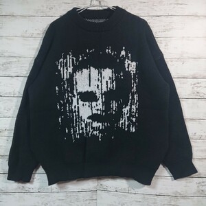 Y2K■フェイスデザイン■ニット■セーター■パンク■裏原■グランジ■サイズ：XL■カラー：ブラック■美品