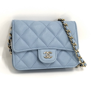 【中古】CHANEL マトラッセ ミニチェーンショルダーバッグ ココマーク キャビアスキン ライトブルー AP2727