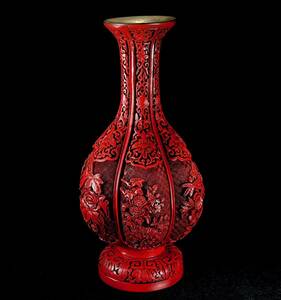 中国古玩 中国古美術 唐物 堆朱 窓絵花紋壺 花瓶 漆芸品 高さ32cm 見応え抜群な6つの窓絵、細密彫刻が素晴らしい逸品！