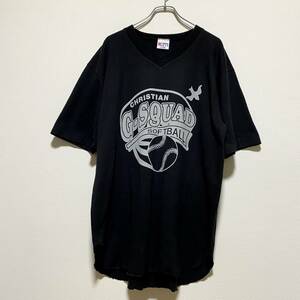 アメリカ古着　90s シングルステッチ　USA製　Vネック　半袖Tシャツ　ビッグサイズ　ゆるだぼ　ソフトボール　【F23】