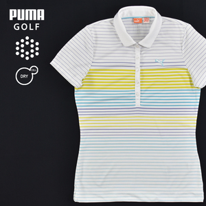 送料300円│PUMA GOLF プーマ ゴルフ ★ DRY CELL ドライセル マルチカラーボーダー 半袖 ポロシャツ 白×マルチカラー レディース L