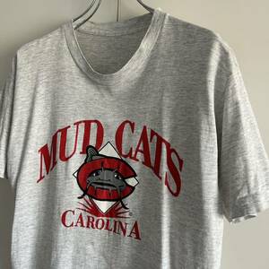 90s Carolina Mudcats カロライナマドキャッツ プリントTシャツ L程度 袖シングル MLB 古着 オリジナル ヴィンテージ