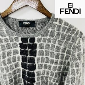 【美品】FENDI 長袖 ニット イタリア製 モヘヤ アルパカ メンズ Mサイズ フェンディ セーター クルーネック クロコダイル柄 グレー