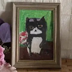 絵画。原画手描き【かわいい黒猫が買い物をしている間に花を1束買った】