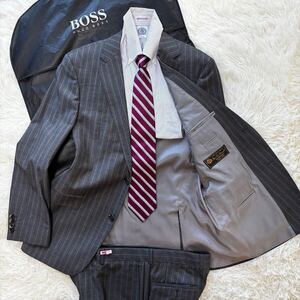 未使用級◎ロロピアーナ×ヒューゴボス Loro Piana HUGO BOSS スーツ チャコールグレー ストライプ 50位本水牛釦 ジャケット XL 秋冬 