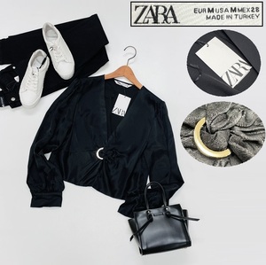 /M/ ZARA ブラック 長袖ブラウス レディース タグ カジュアル トップス 通勤 フェミニン大人可愛い デイリー ゴールドリング ザラ